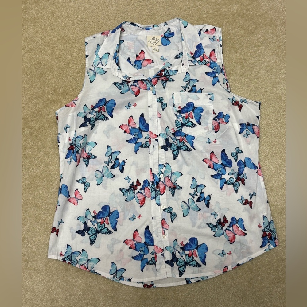 St. John Button Up Sleeveless Blouse -Butterfly Print - Size XXL